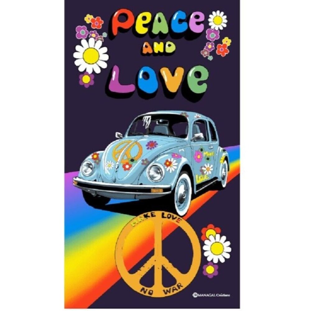 New Peace and Love Bug Beach Bath Pool Towel Hippie Gift Rainbow Flowers 60's